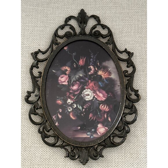 Set of 2 VTG Italian Ornate Oval Metal Frames Floral Prints Wall Hanging Baroque - Picture 5 of 12